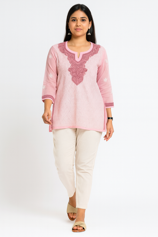 Lucknowi Chikankari Pink 'Shagufta' Cotton Short Kurti-T50026