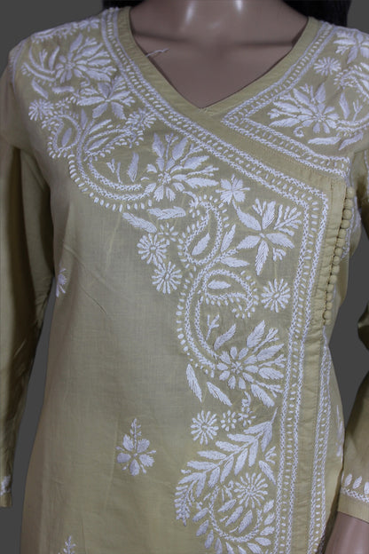 Lucknow Chikankari Fawn Cotton Angrakha- K30032