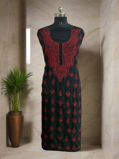 Lucknowi Chikankari Unstitched Black Georgette Kurta-Bottom-Dupatta Fabric-U30035