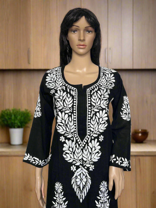 Lucknowi Chikankari Black Cotton Kurti-K000105