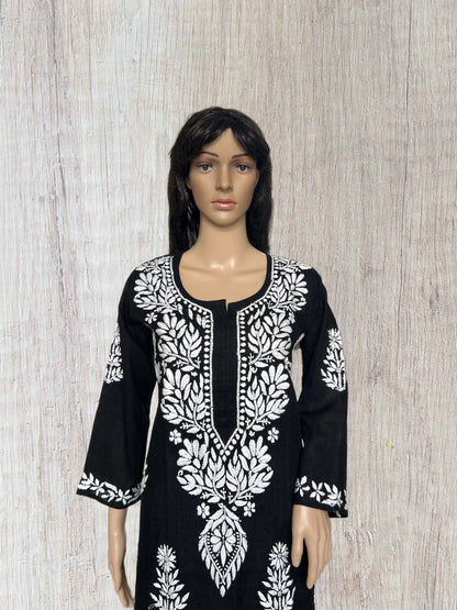 Lucknowi Chikankari Black Cotton Kurti-K000105