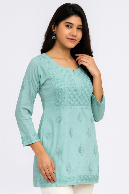 Lucknowi Chikankari Green 'Bahar' Cotton Short Kurti-T20005