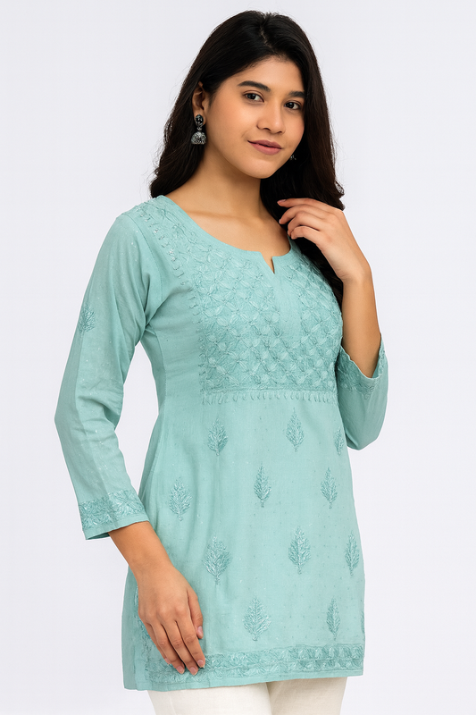 Lucknowi Chikankari Green 'Bahar' Cotton Short Kurti-T20005