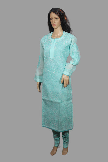 Lucknowi Chikankari Turquoise Blue Cotton 3 Piece Kurta-Chudidar Pyjama-Dupatta Set-PJ00001