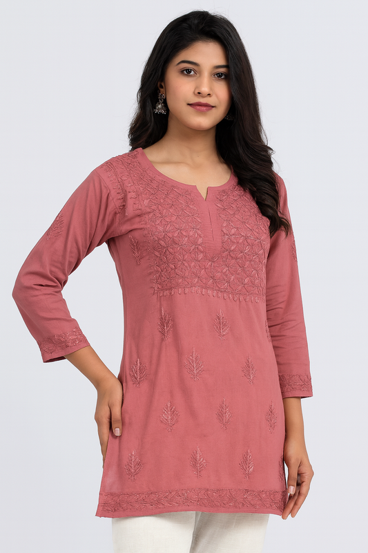 Lucknowi Chikankari Brown 'Rang-e-Mitti' Cotton Short Kurti-T30019