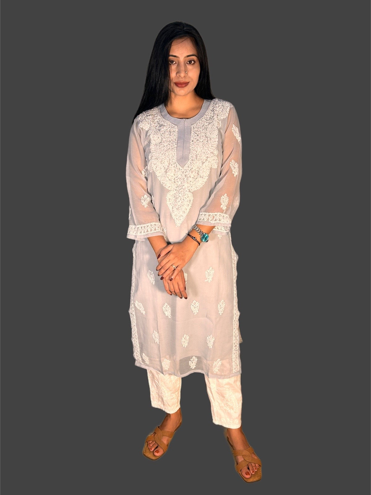 Lucknowi Chikankari Grey Georgette Kurti-K000044