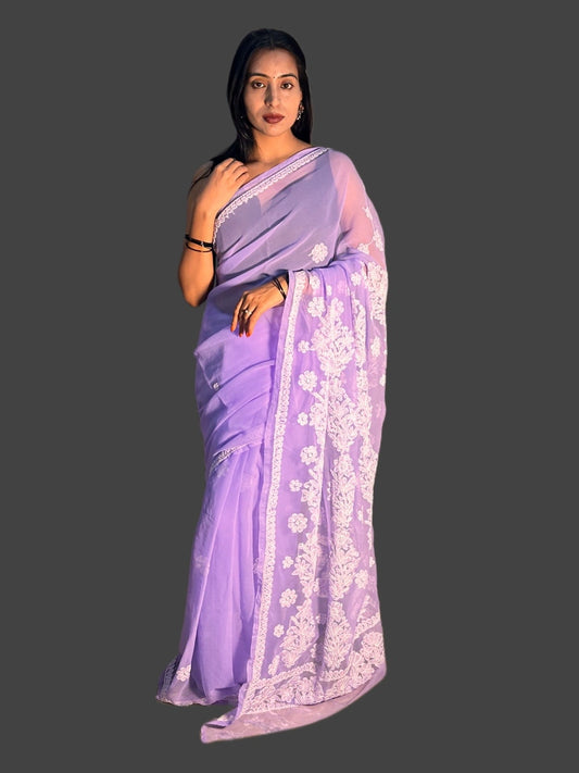 Lucknowi Chikankari Purple Georgette Saree (With Blouse)-S00008