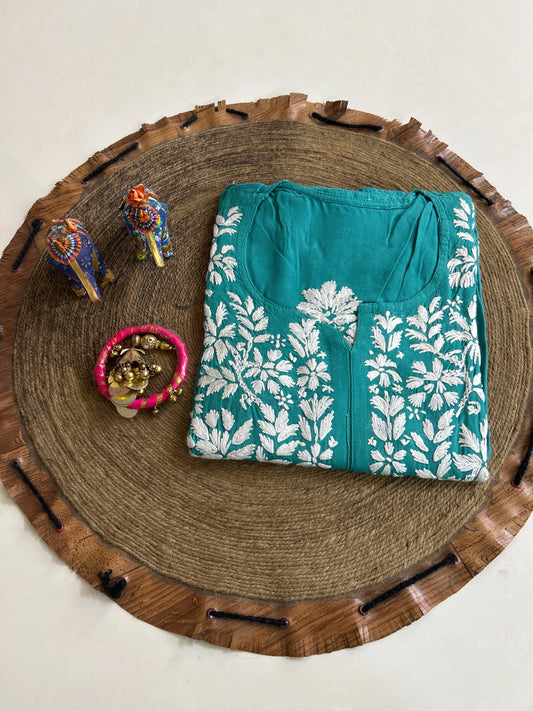 Lucknowi Chikankari Green Rayon Kurti-K000165