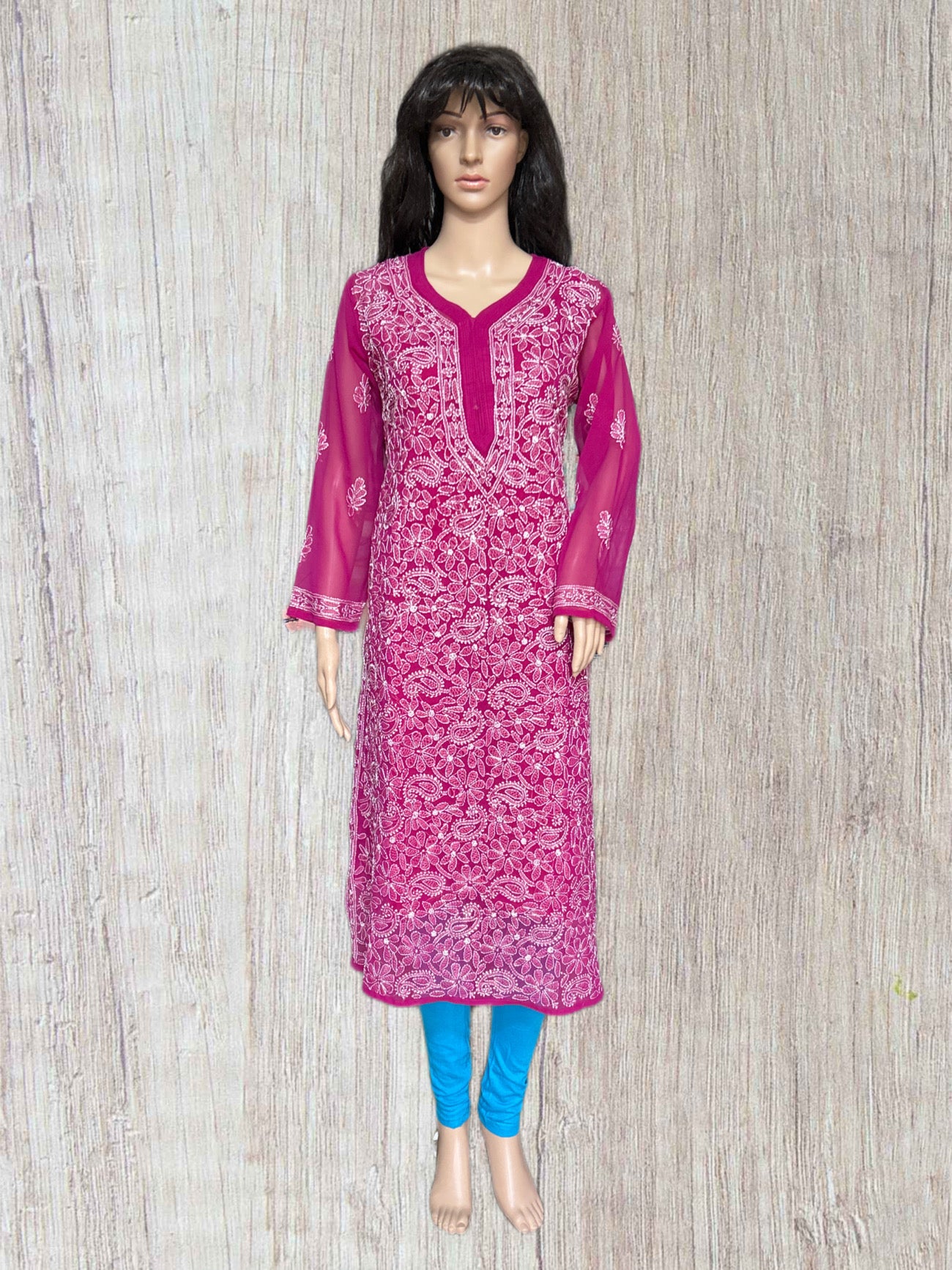Lucknowi Chikankari Magenta 'Shagufta' Georgette Kurti-K000034