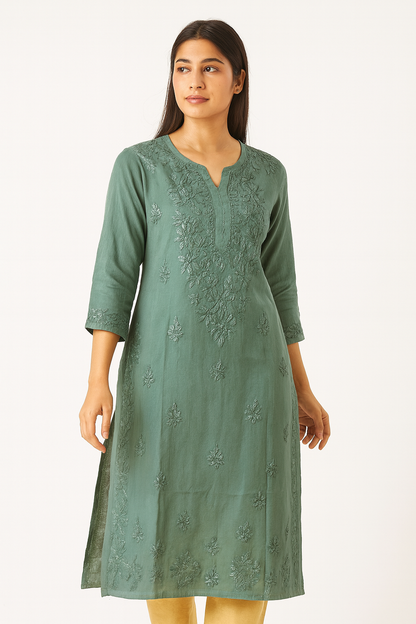 Lucknowi Chikankari Olive Green 'Bahar' Modal Kurti-K60056