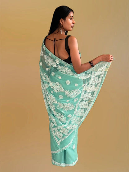 Lucknowi Chikankari Green Georgette Saree (With Blouse)-S00003