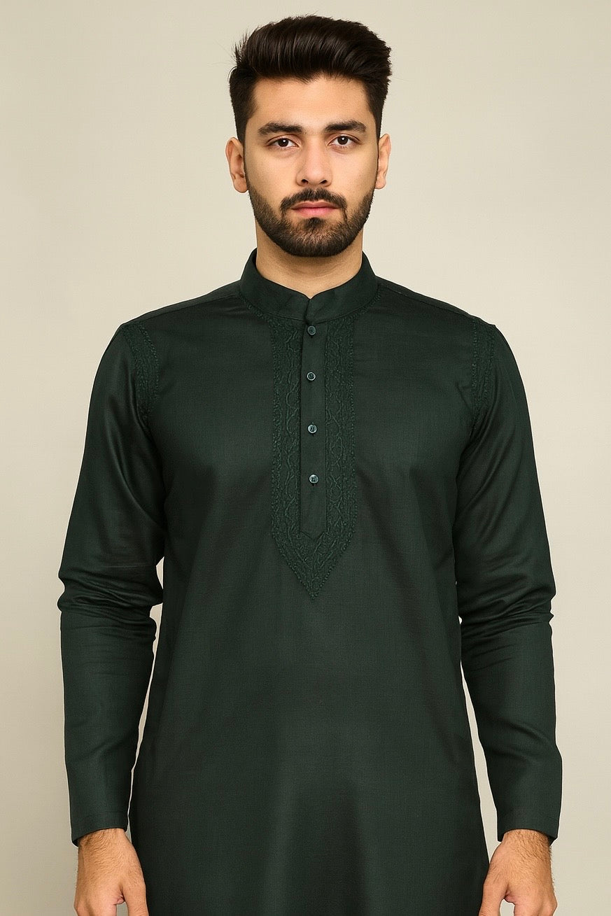 Lucknowi Chikankari Green 'Bahar' Cotton Gents Kurta-GK00012