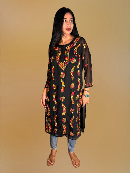 Lucknowi Chikankari Black Georgette Kurti-K000055