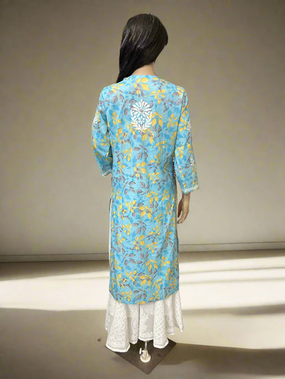 Lucknowi Chikankari Blue Printed Cotton Kurti-K000176