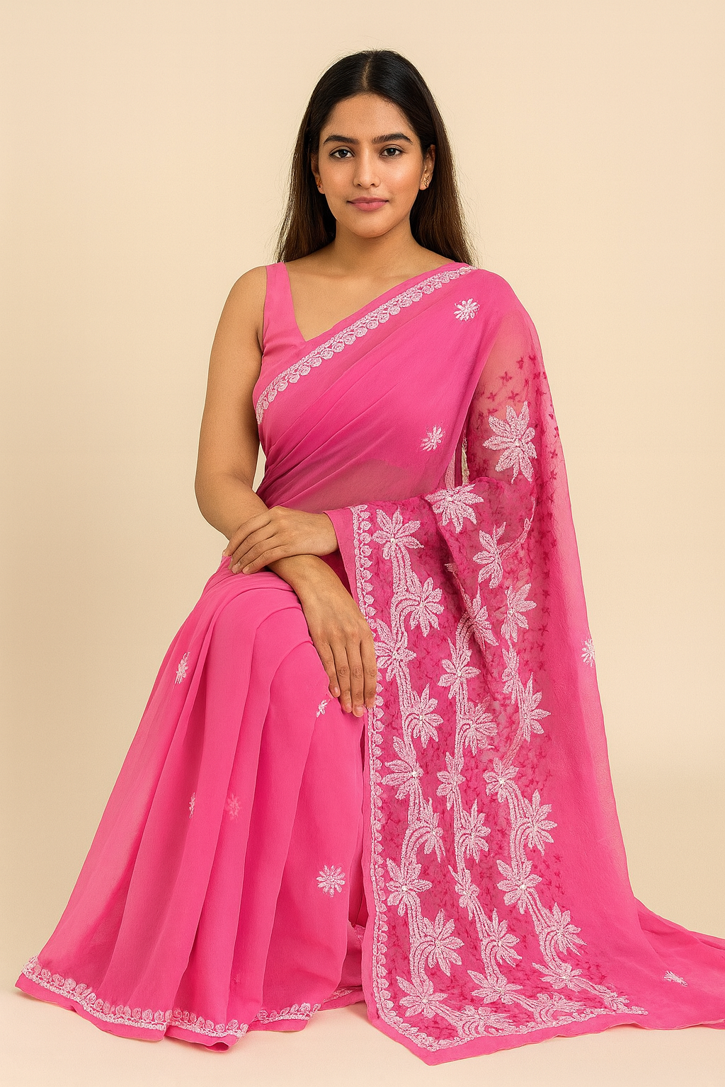 Lucknowi Chikankari Magenta 'Shagufta' Georgette Saree (With Blouse)-S00039