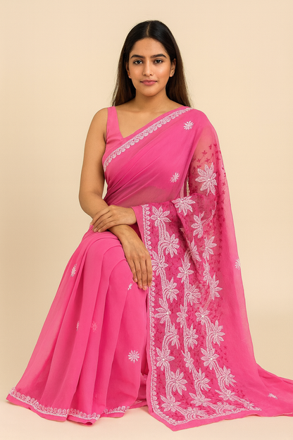 Lucknowi Chikankari Magenta 'Shagufta' Georgette Saree (With Blouse)-S00039