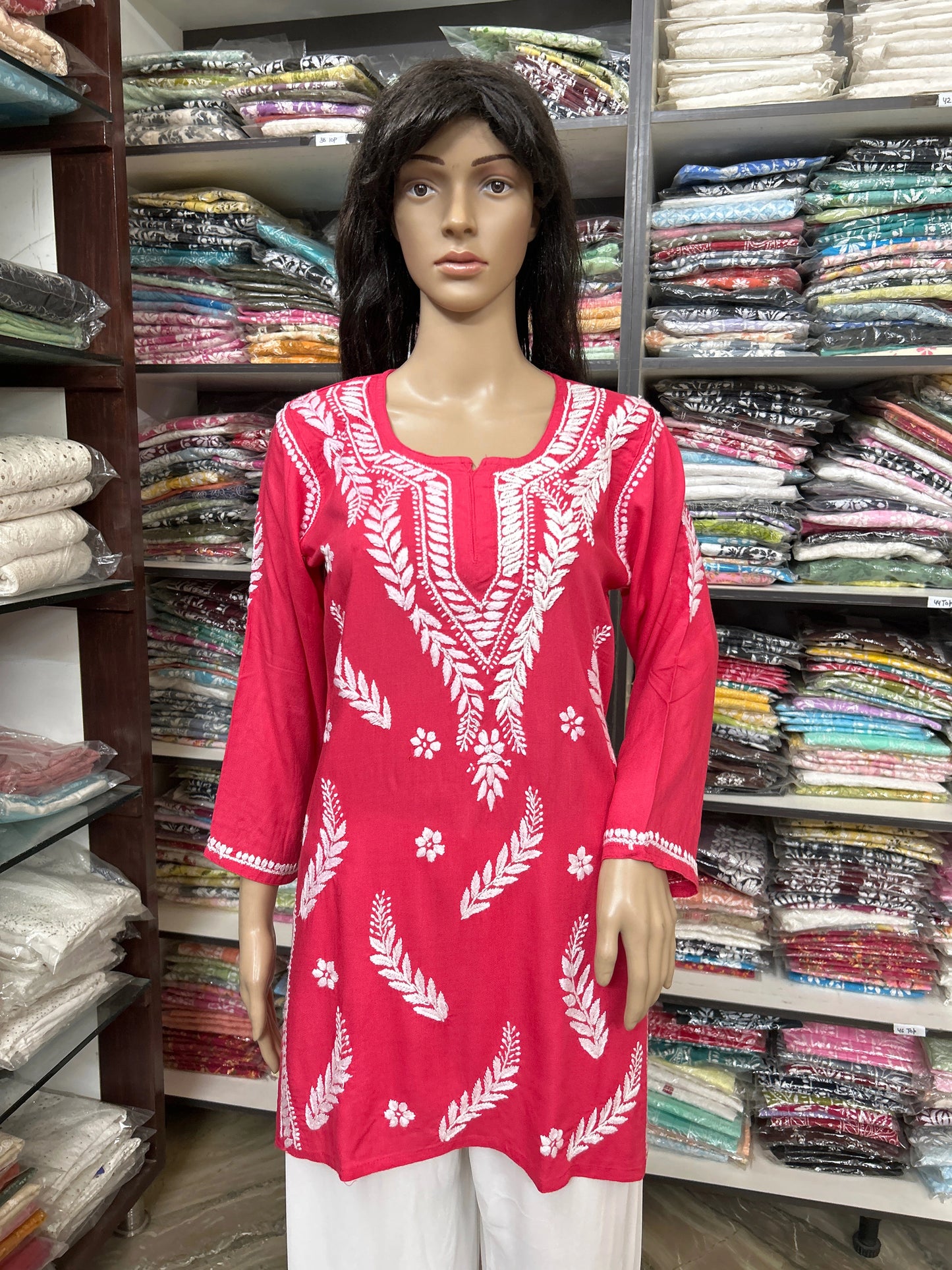 Lucknowi Chikankari Coral Pink 'Shagufta' Rayon Short Kurti-T20003