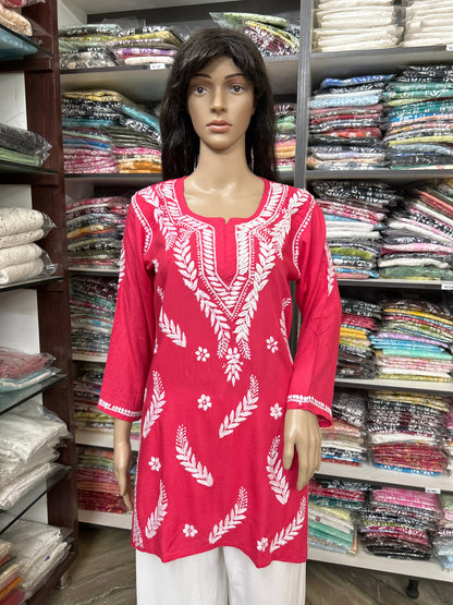 Lucknowi Chikankari Coral Pink 'Shagufta' Rayon Short Kurti-T20003