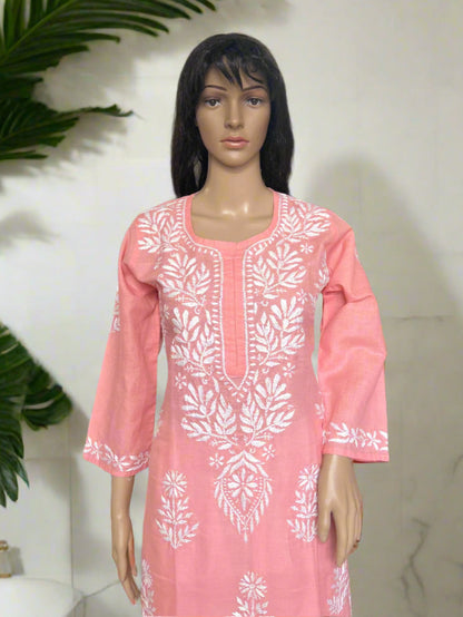 Lucknowi Chikankari Pink Cotton Kurti-K000108