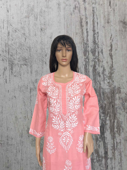 Lucknowi Chikankari Pink Cotton Kurti-K000108
