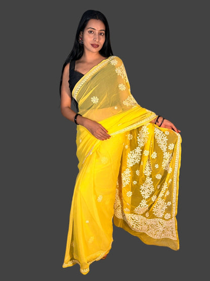 Lucknowi Chikankari Yellow Georgette Saree (With Blouse)-S00009