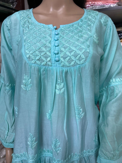 Lucknowi Chikankari Light Teal Green 'Bahar' Muslin Short Kurti-T50023