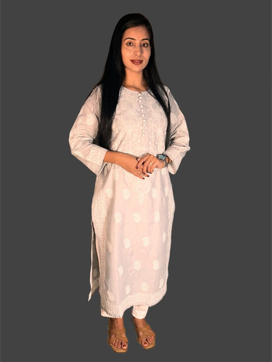 Lucknowi Chikankari Grey Cotton Kurti-K000046