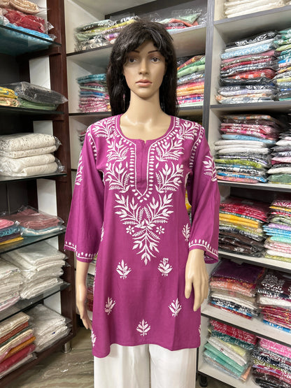 Lucknowi Chikankari Magenta 'Shagufta' Rayon Short Kurti-T50017
