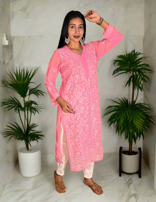 Lucknowi Chikankari Pink Georgette Kurti-K000063