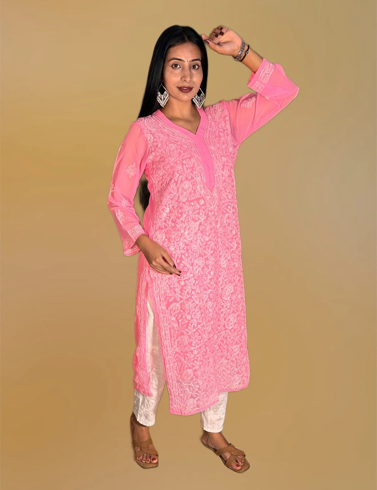 Lucknowi Chikankari Pink 'Shagufta' Georgette Kurti-K000063