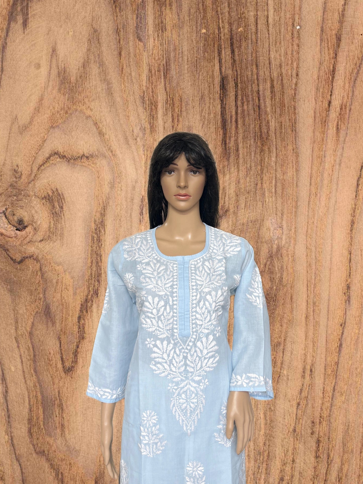 Lucknowi Chikankari Sky Blue Cotton Kurti-K000103