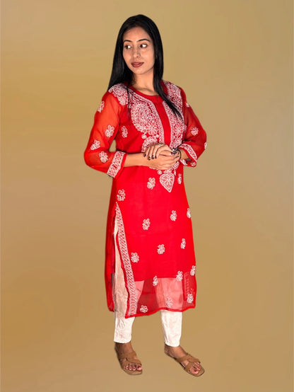 Lucknowi Chikankari Red Georgette Kurti-K000049