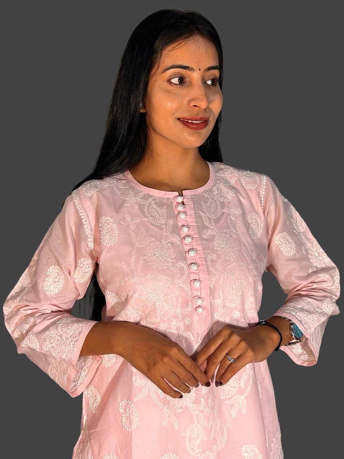 Lucknowi Chikankari Pink Cotton Kurti-K000050