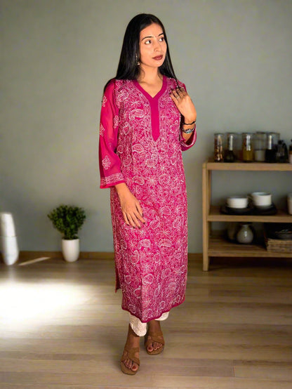 Lucknowi Chikankari Magenta Georgette Kurti-K000034