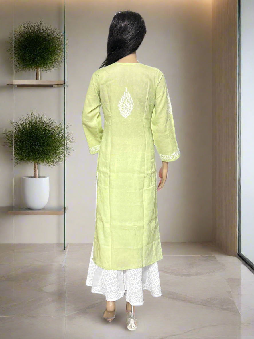 Lucknowi Chikankari Lime Green Cotton Kurti-K000106