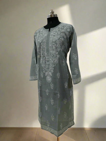 Lucknowi Chikankari Plus Size Grey Cotton Kurti-Pl100003