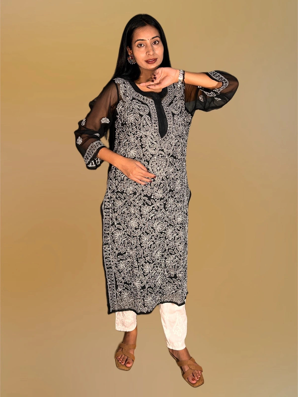 Lucknowi Chikankari Black Georgette Kurti-K000053