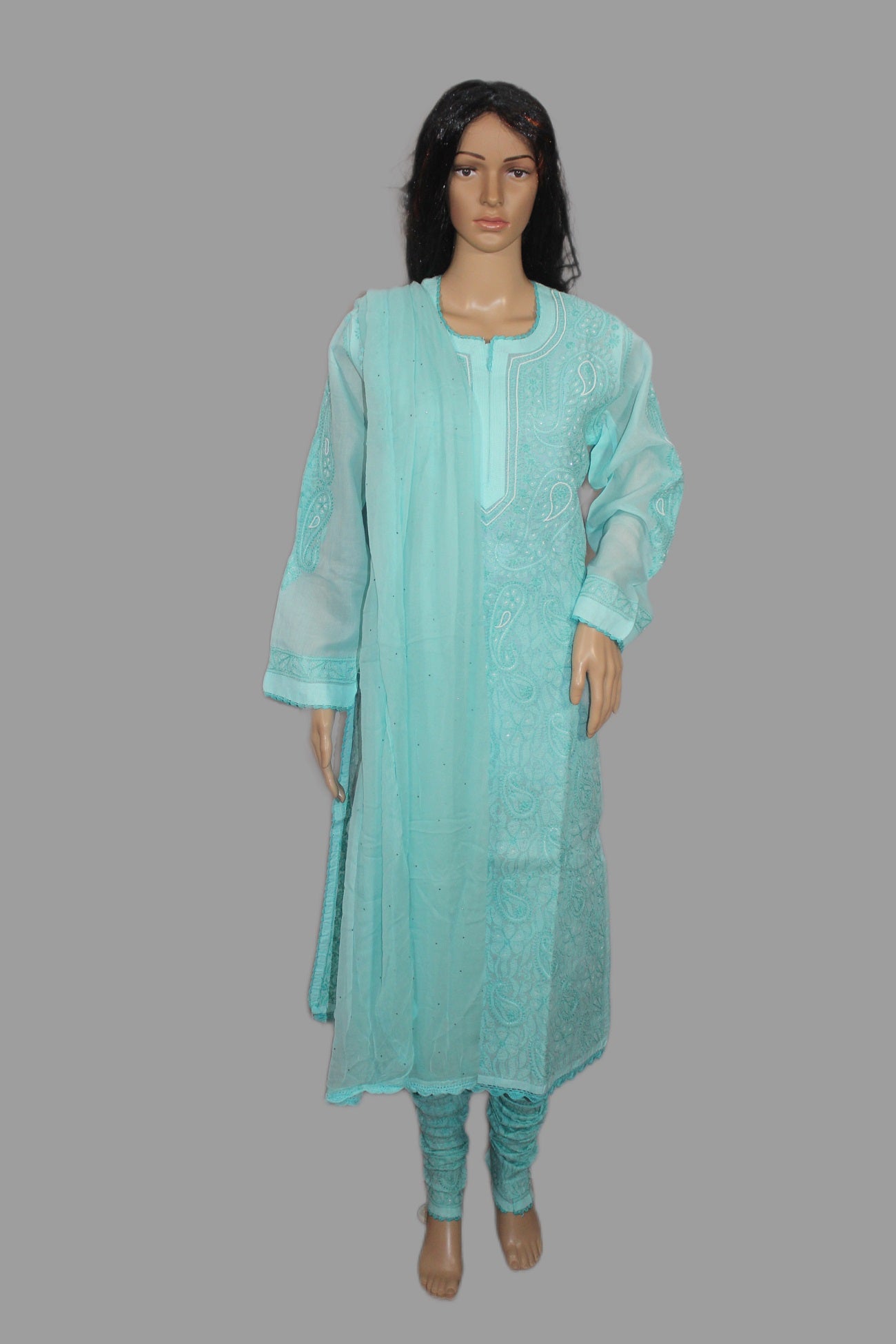 Lucknowi Chikankari Turquoise Blue Cotton 3 Piece Kurta-Chudidar Pyjama-Dupatta Set-PJ00001