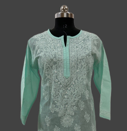 Lucknowi Chikankari Plus Size Green Cotton Kurti-Pl100004