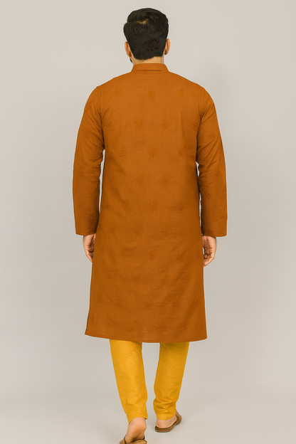 Lucknowi Chikankari Orange 'Narangi' Cotton Gents Kurta-GK00001