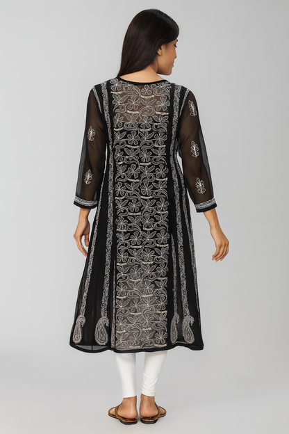 Lucknow Chikankari Black 'Shab' Georgette Anarkali-K000002