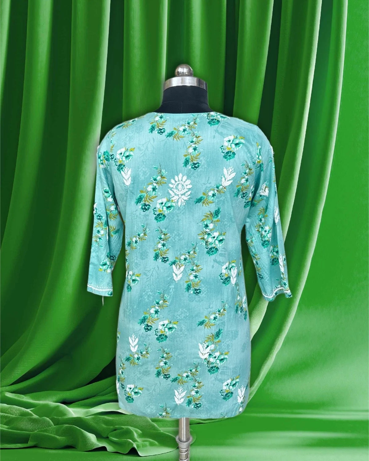 Lucknowi Chikankari Green Printed Cotton Short Kurti-T000023