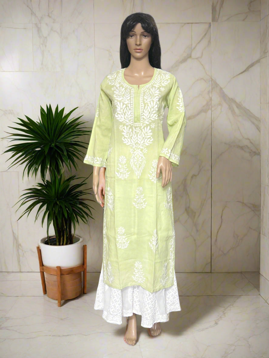 Lucknowi Chikankari Lime Green Cotton Kurti-K000106