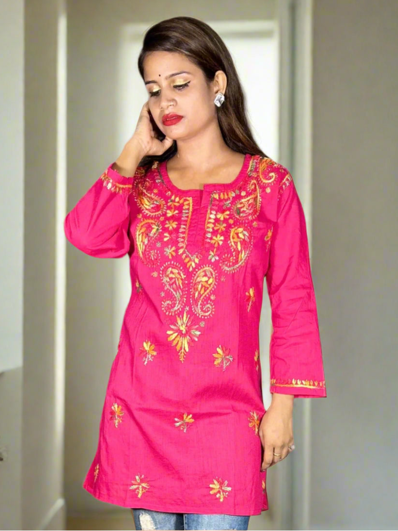 Lucknowi Chikankari Magenta Cotton Short Kurti-T000005