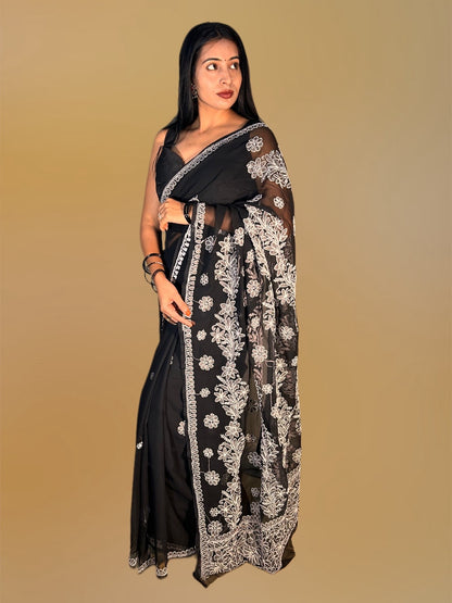 Lucknowi Chikankari Black Georgette Saree (With Blouse)-S00006