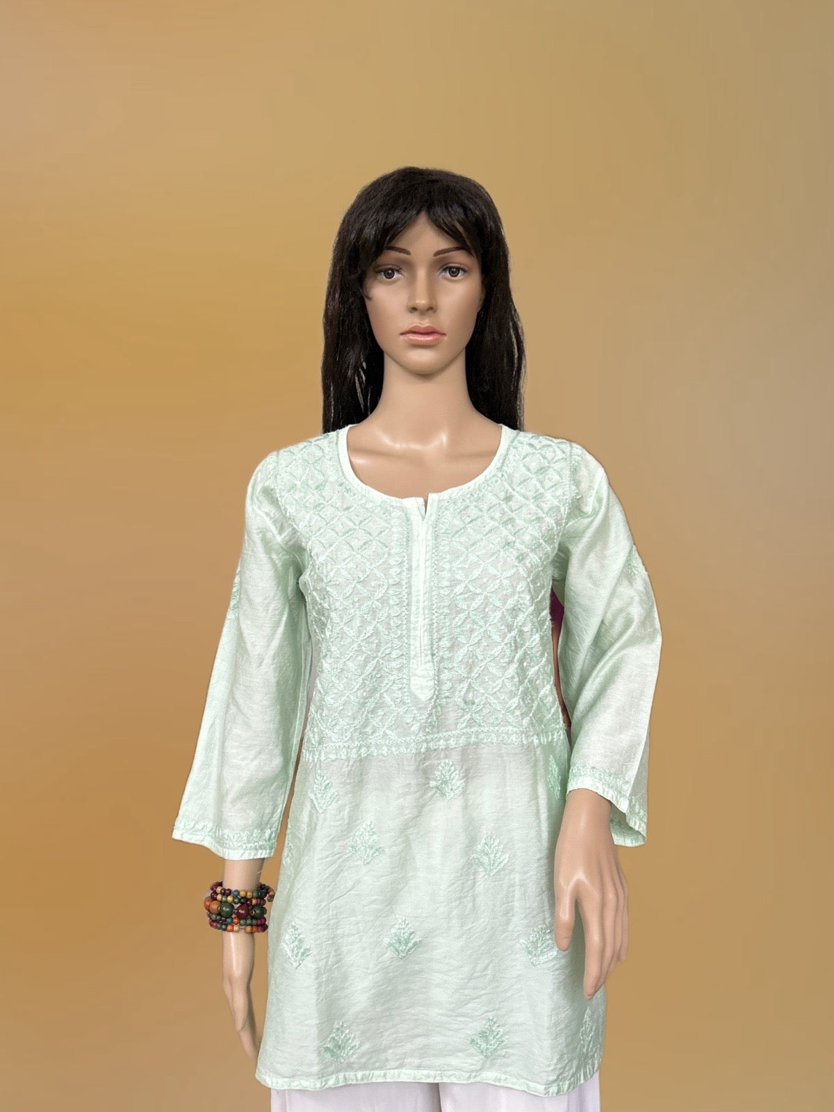 Lucknowi Chikankari Pista Green 'Bahar' Chanderi Short Kurti-T000010