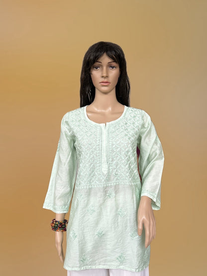Lucknowi Chikankari Pista Green 'Bahar' Chanderi Short Kurti-T000010