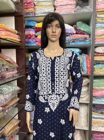 Lucknowi Chikankari Navy Blue Rayon Kurti-K000086