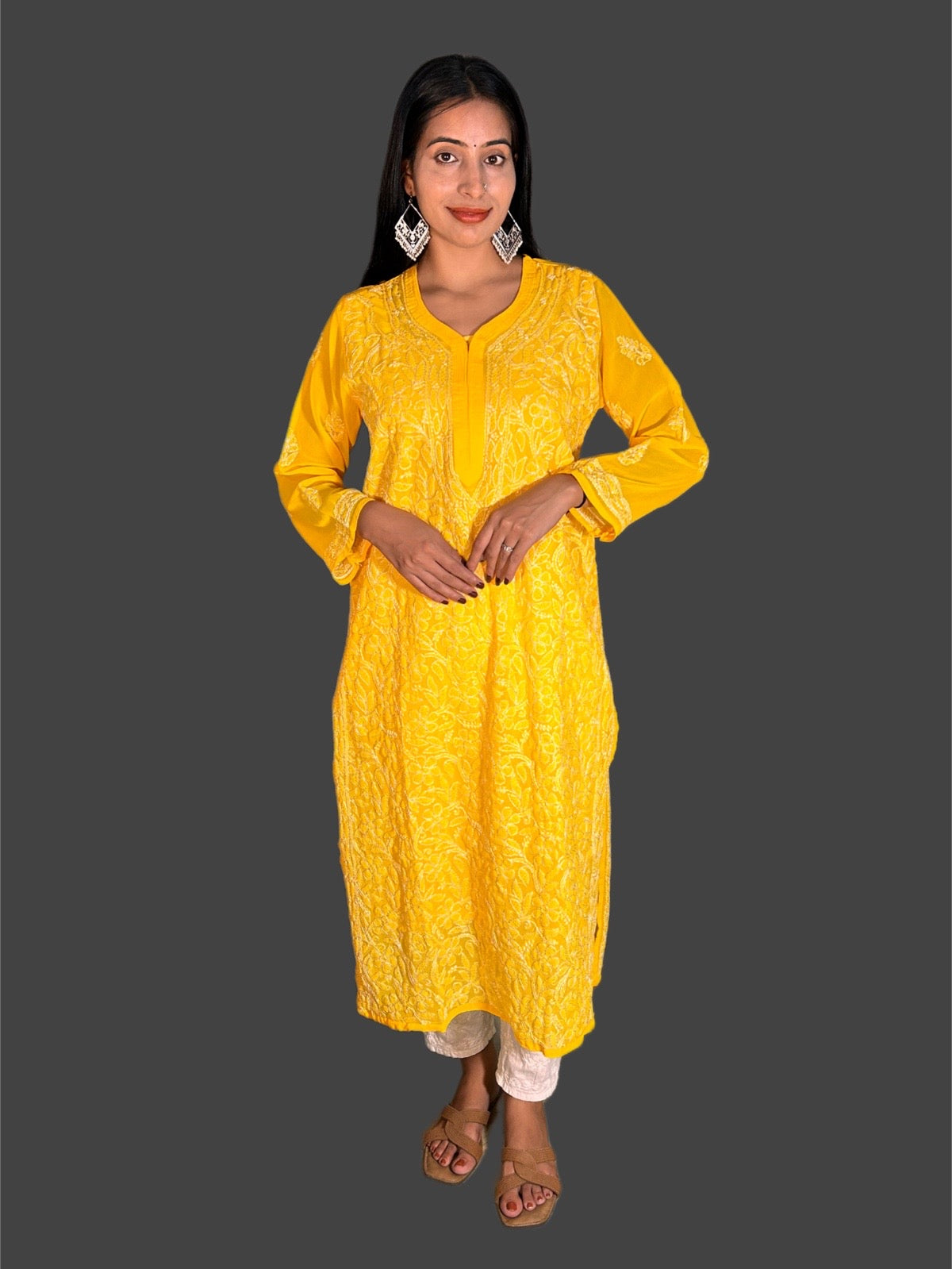 Lucknowi Chikankari Yellow Georgette Kurti-K000067