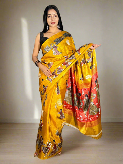 Lucknowi Chikankari Mustard Yellow Printed Faux Silk Saree-PF100001